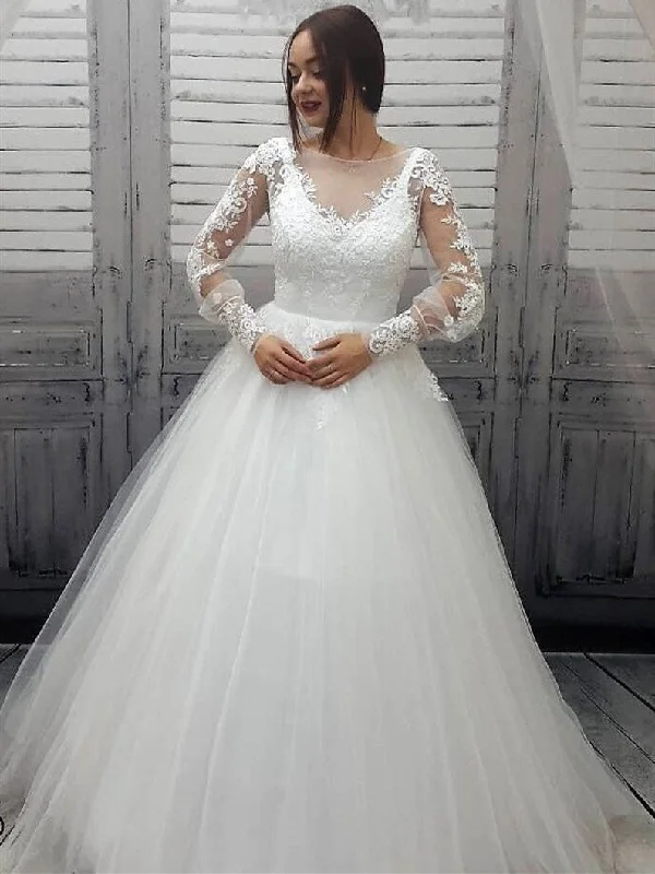 Women's Contemporary Apparel Long Sleeves Ivory Lace Tulle Wedding Dresses, Fluffy Wedding Dresses, Long Wedding Dresses