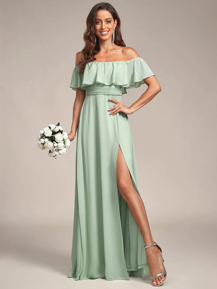 Women's Evening Attire Off Shoulder Chiffon Maxi Bridesmaid Dresses with Side Split