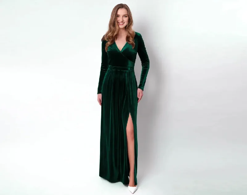 Women's Workout Garments Autumn winter long sleeves wedding party dress deep v neck velvet elegant long dress Split fork bridesmaid dress