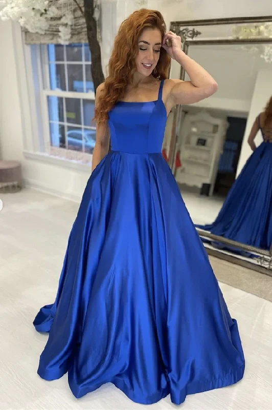 Women's Vintage-Inspired Clothing Blue satin long A line prom dress blue evening dress   cg19406