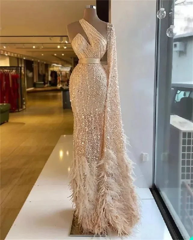 Women's Wedding Apparel Luxury Champagne Mermaid Arab Dubai Evening Dresses Sequin Beaded One Shoulder Long Sleeve Feather Porm Dress vestidos de noche