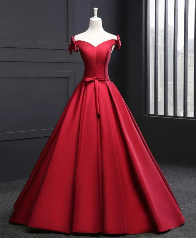 Stylish Outerwear Clothes For Women Beautiful Wine Red Satin Long Party Gown, Off Shoulder Prom Dress With Bow    cg20006