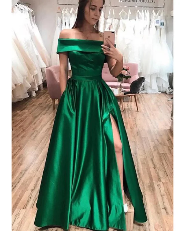 Women's Vacation Garments Sexy Dark Green Off The Should Satin Evening Party Dresses 2020 Vestidos with High Slit