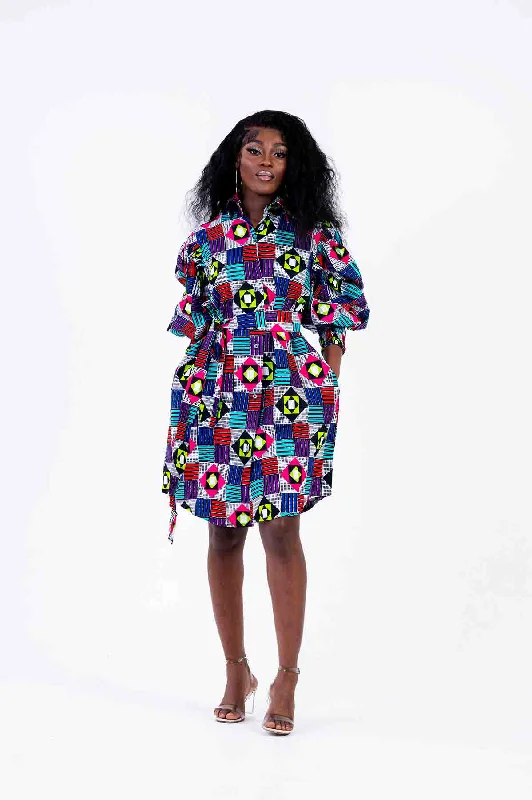 Women's Evening Attire Juanita Ankara Shirt Dress | Blue and Pink Multicolored African Print