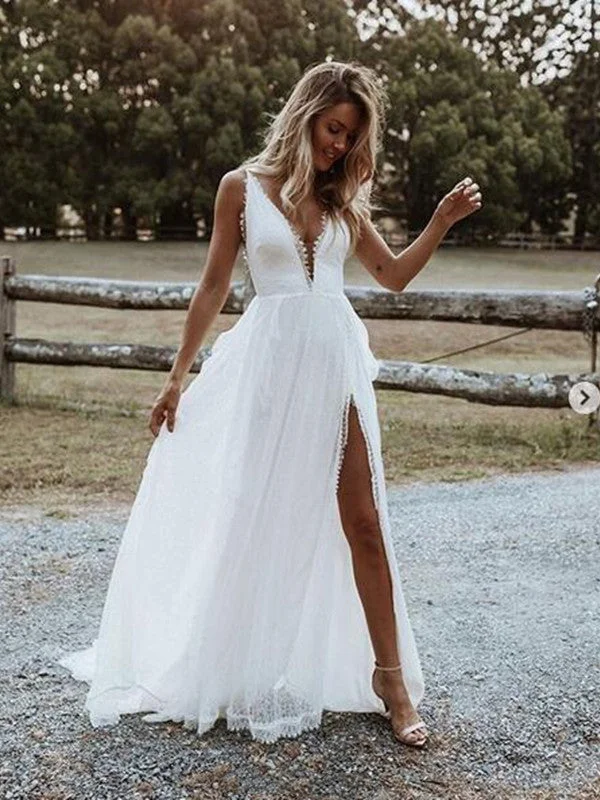 Formal Garments For Women High Slit Simple Wedding Dresses, Popular 2020 Beach Lace Wedding Dresses