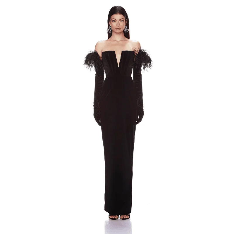 Women's Seasonal Garments Off Shoulder Long Sleeve Feather Maxi Bandage Dress HL9401