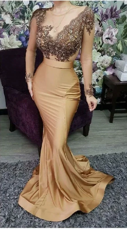 Women's Garments Long Sleeve Mermaid Prom Dress See Through Appliques Beaded Satin Plus Size Formal Evening Dresses Party Gowns    cg19234