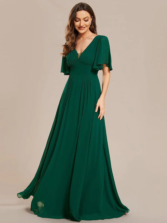 Stylish Women's Outerwear Apparel Simple Chiffon Short Sleeves Empire Waist A-Line Maxi Bridesmaid Dress