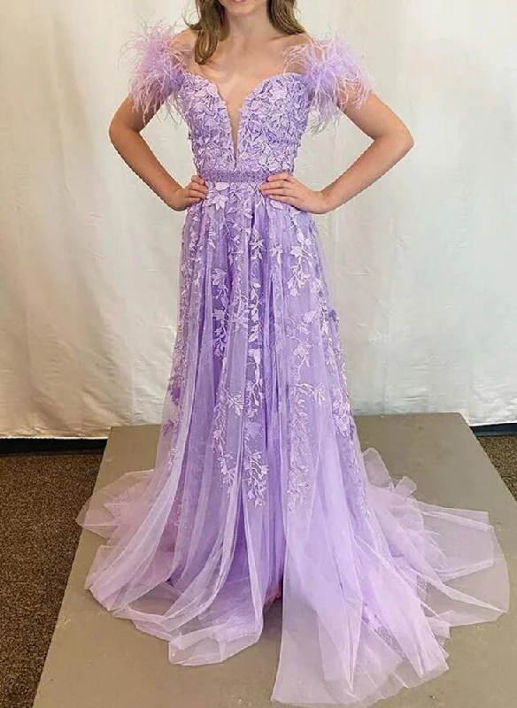 Women's Outerwear Garments Women Tulle Appliques Prom Dresses Long Off SHoulder Evening Gowns Formal Party Dress YPD396