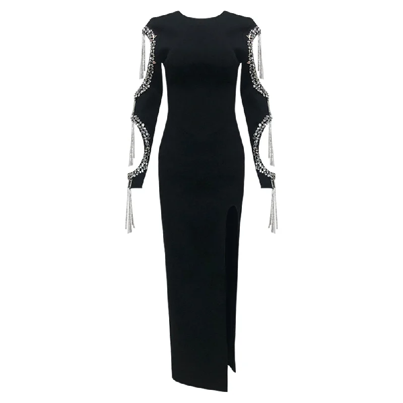 Classic Women's Apparel Round Neck Long Sleeve Tassels Maxi Bandage Dress HL10025