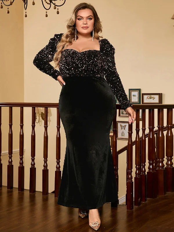 Women's Travel Apparel Square Collar Long Sleeve Sequins Maxi Bodycon Dress HB100191