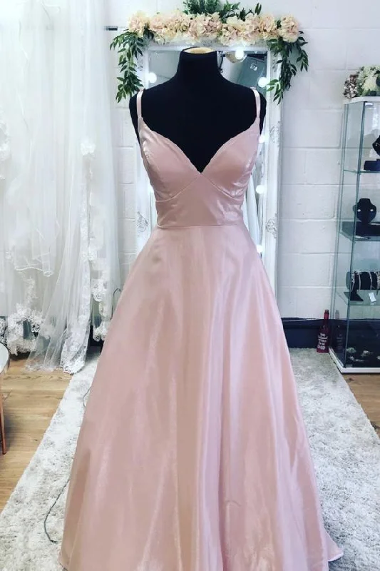 Women's Trendy Garments Pink v neck satin long prom dress A line evening dress    cg17964