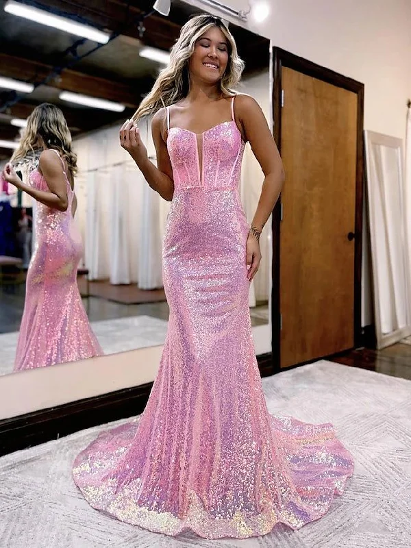 Women's Classic Outfit Mermaid/Trumpet Prom Dresses Sparkle & Shine Dress Formal Court Train Sleeveless Spaghetti Strap Sequined V Back with Sequin Y6086