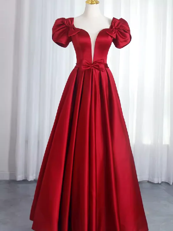 Stylish Women's Garments Pretty A Line Short Sleeves Satin Burgundy Long Prom Dresses C1515