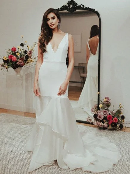 Women's Occasion Wear Apparel V-neck Long Mermaid Wedding Dresses, Simple Long Wedding Dresses, Newest Wedding Dresses