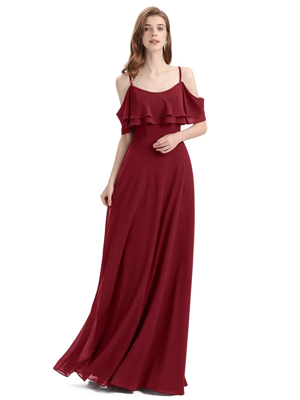 Women's Chic Outfit Elegant A-line Spaghetti Straps Chiffion Floor-Length Bridesmaid Dresses