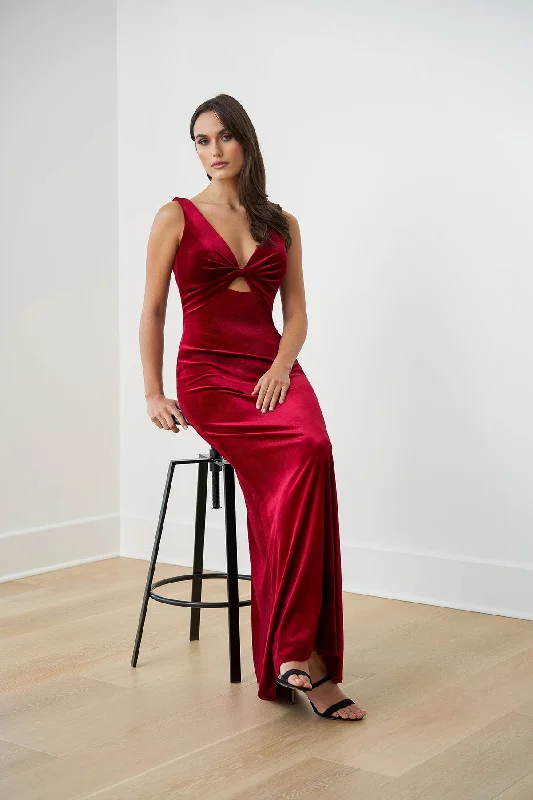 Women's Fashion Clothes Jasmine B253061 Stretch Velvet Fit & Flare Gown with V-Neckline and Cut-Out Keyhole Center | Berry