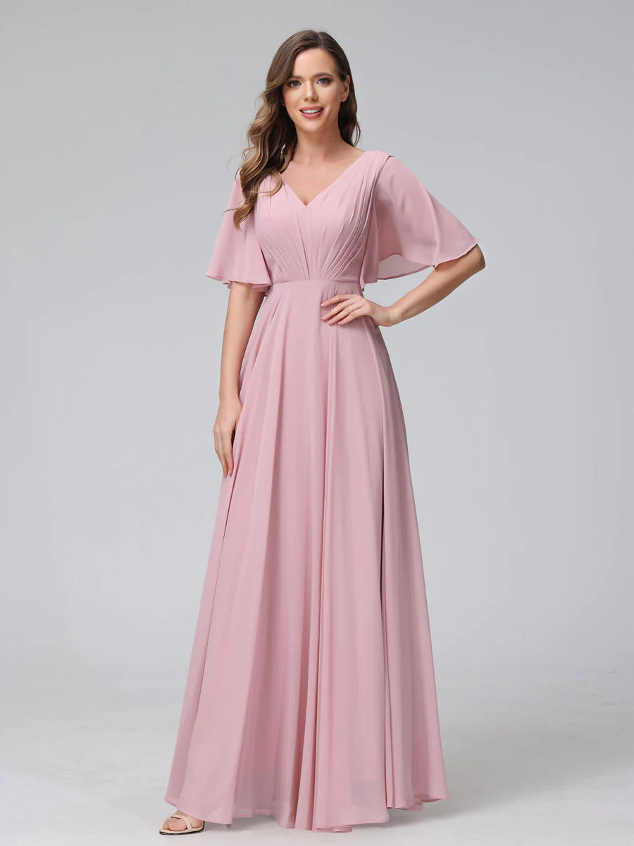 Women's Vintage Attire A-Line V-Neck Half Sleeves Long Chiffon Bridesmaid Dresses With Ruffles Pockets