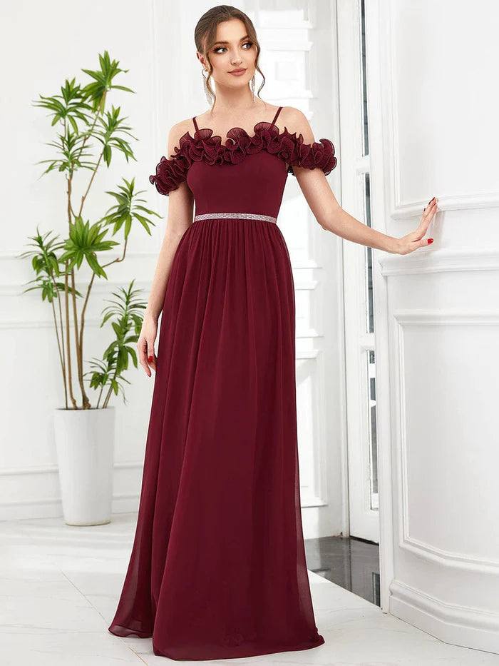 Women's Casual Attire Cold Shoulder Ruffled Sequin Waist A-Line Chiffon Bridesmaid Dress