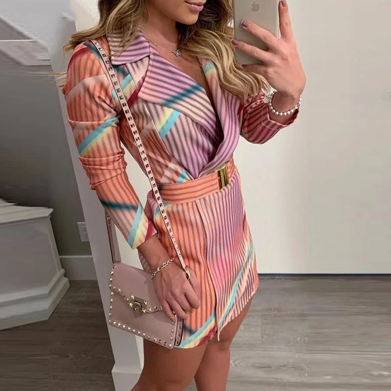 Women's Professional Attire Grab Romantic Date - Night Styles Now FashionSierra - Striped print midi blazer dress with belt Long sleeve turn down collar autumn women dress 2019 Elegant office workwear Vestidos