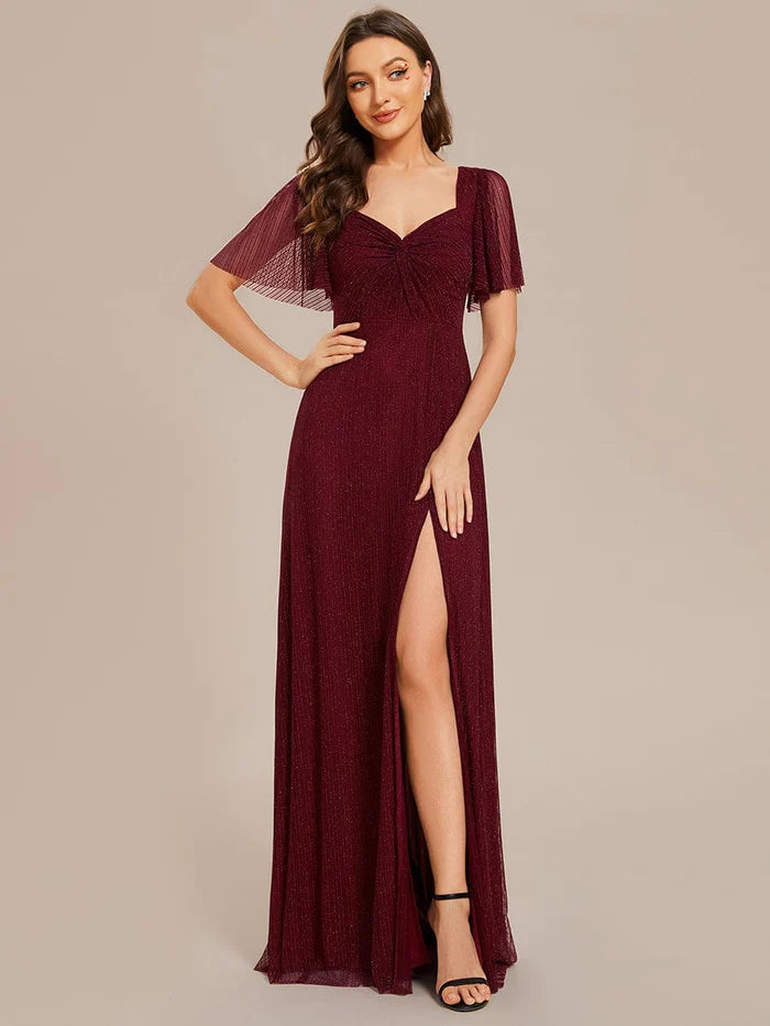 Women's Occasion Wear Apparel Glittery A-Line High Slit Elastic Waist Short Sleeves Back Lace-Up Bridesmaid Dress