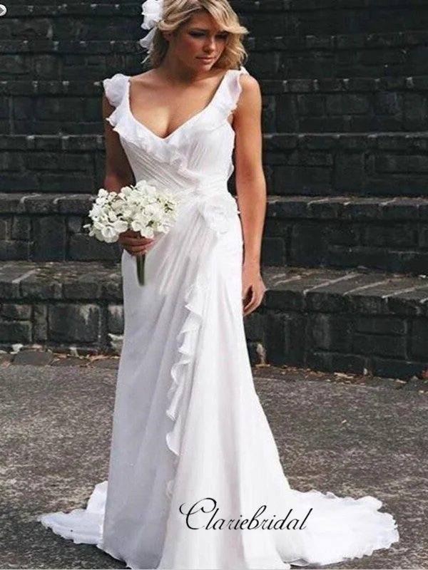 Charming Everyday Clothing For Women Ruffled Neckline White Chiffon Wedding Gowns, Simple Cheap Wedding Dresses 2019