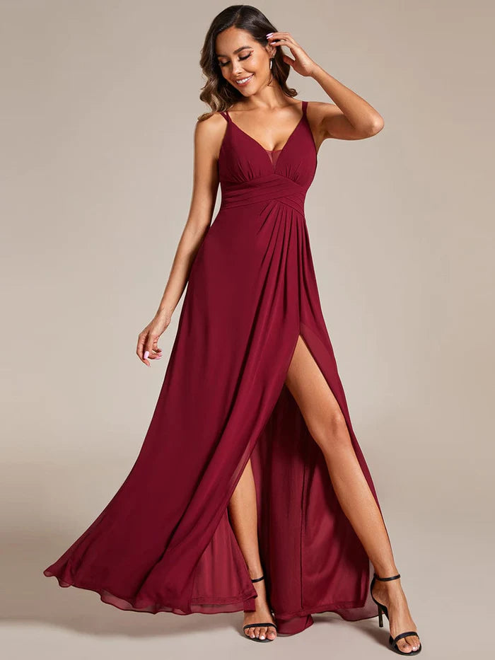 Women's Fashion-Forward Apparel Deep V-Neck High Front Slit Spaghetti Strap Back X-Cross Bridesmaid Dress