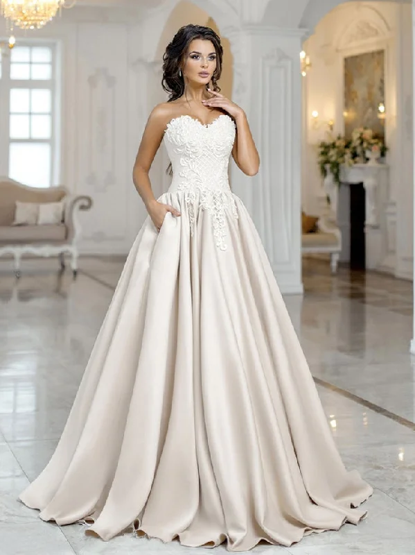 Women's Formal Event Attire Sweetheart Long A-line Lace Satin Wedding Dresses, Elegant Wedding Dresses, Long Wedding Dresses