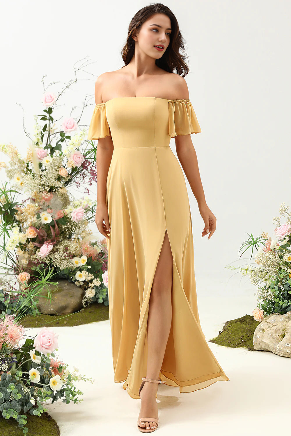 Women's Plus-Size Apparel A Line Off the Shoulder Yellow Long Bridesmaid Dress