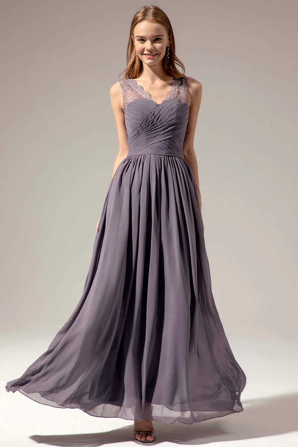 Classic Women's Apparel Long V-neck Lace Sleeveless Bridesmaid Dress