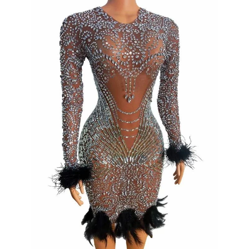 Stylish Outerwear Clothes For Women Luxury Design Ladies Long Sleeve Black Feather Woman Performance Ballroom Dress Sparkly Diamond Evening Dresses With Feathers