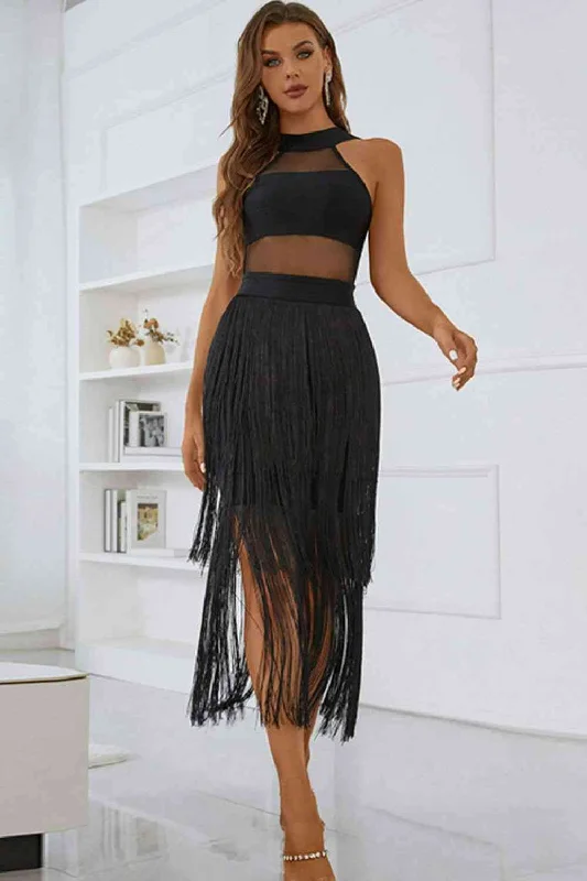 Women's Clothes And Garments Spliced Mesh Fringe Hem Sleeveless Dress