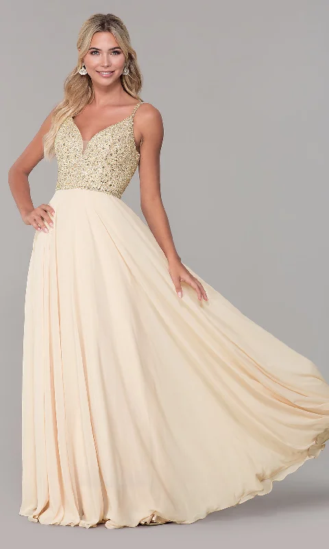 Fashion-Forward Women's Clothing Long V-Neck Sleeveless Beaded-Bodice Prom Dress