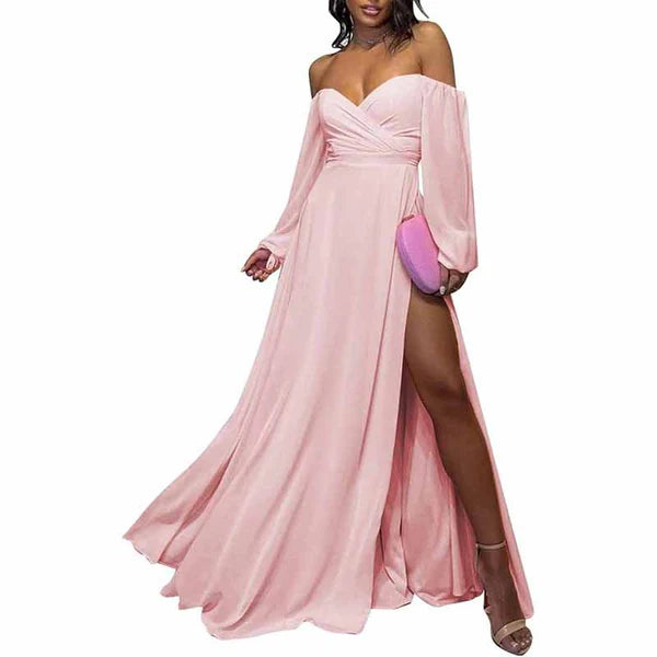 Women's Comfortable Lounge Outfit Long Sleeve Bridesmaid Dresses Chiffon Sweetheart Off Shoulder Formal Evening Dresses with Slit