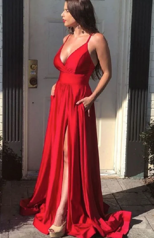 Women's Timeless Attire Simple red v neck satin long prom dress red evening dress   cg18157