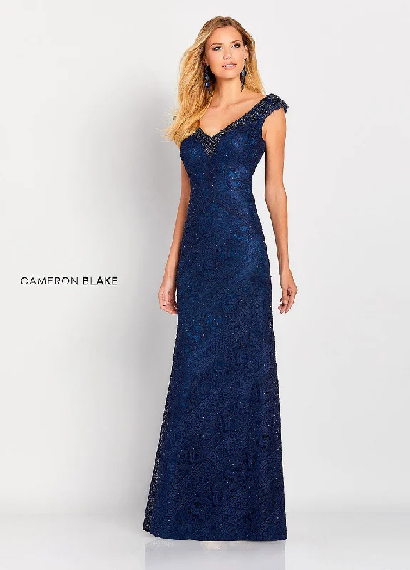 Women's Classic Outfit Cameron Blake 119661 Slim A-Line Lace Gown with Beaded V-neckline and Small Cap Sleeve