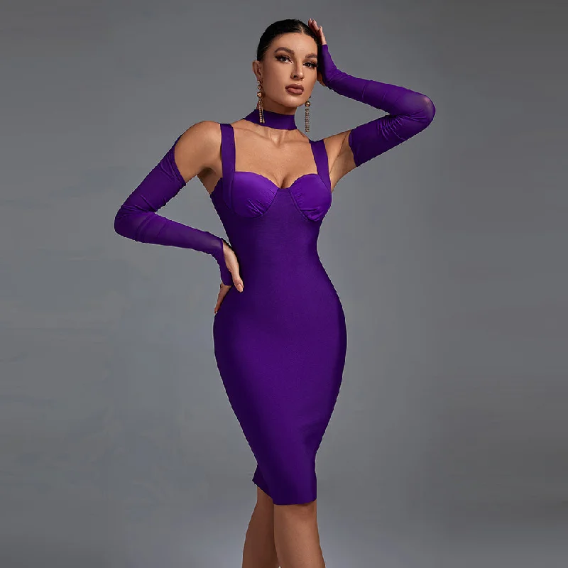 Women's Vintage-Inspired Outfit Rustic Countryside Charm Look Long Sleeve Cut Out Midi Bandage Dress PP211029