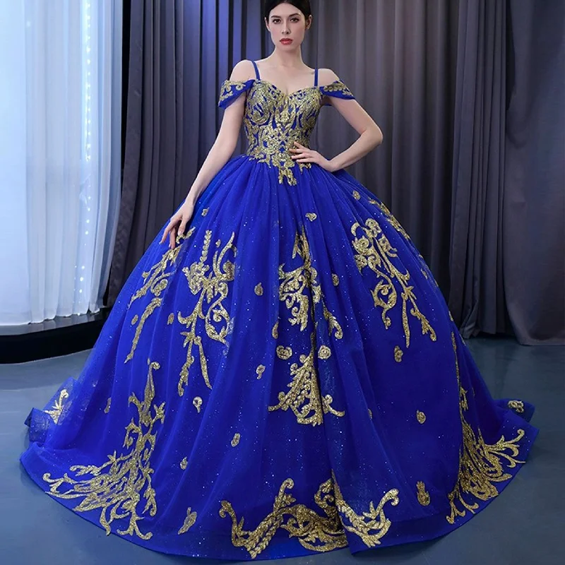 Women's Cozy Winter Attire Royal Blue High-end Off the Shoulder Puffy Quinceanera Dress with Spaghetti Straps