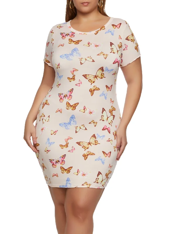 Affordable Women's Clothes Bold Silhouette Plus Size Butterfly Printed T Shirt Dress