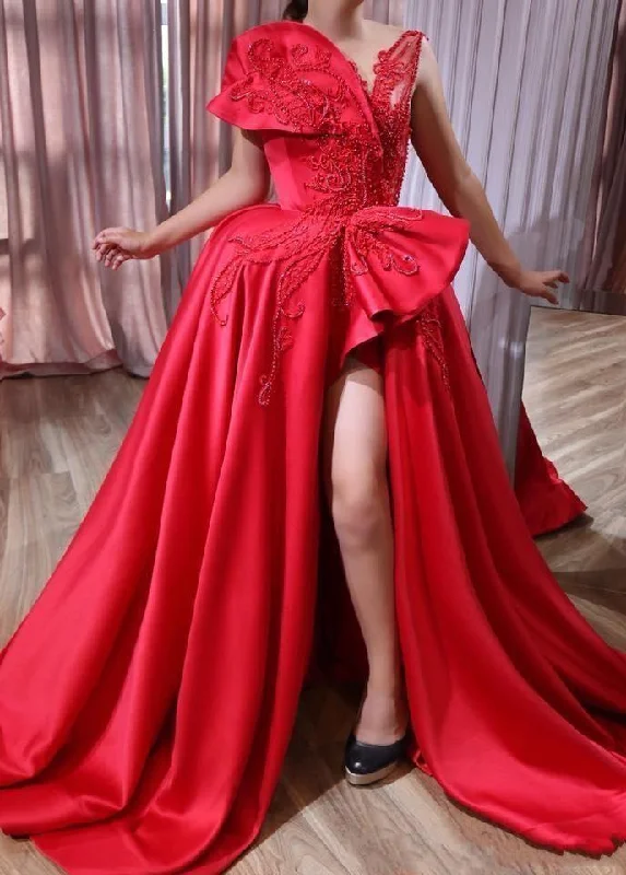 Classic Women's Clothing Styles African Red Sexy Evening Dresses Beaded Sheer V Neck High Side Split Prom Dress Floor Length Satin Formal Party Gowns   cg13543