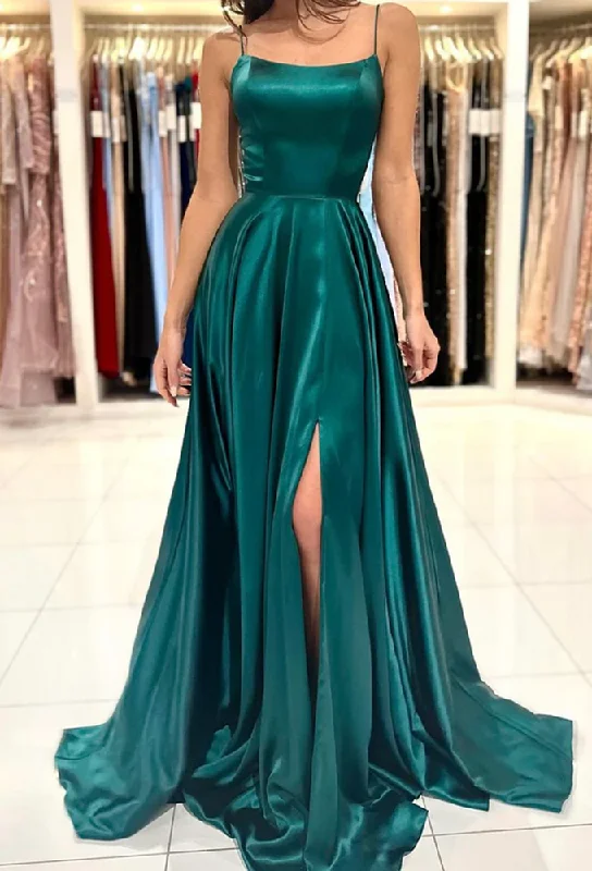 Women's Casual Wear Clothing Women Satin Slit Prom Dresses Long Spaghetti Straps Evening Party Dress YPD009