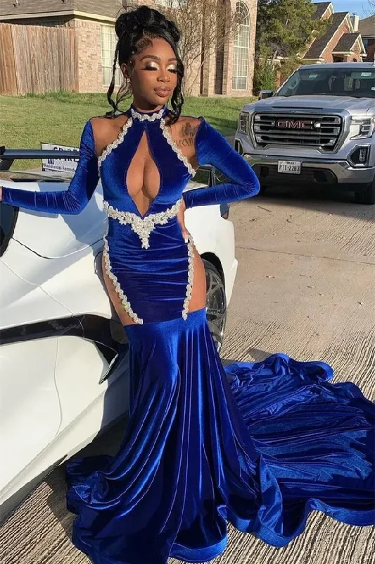 Women's Sporty Clothes Royal Blue High Neck Long Sleeves Black Girl Mermaid Prom Dress