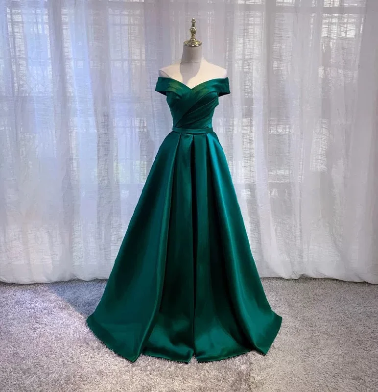 Women's Evening Wear Outfit Simple A line Off The Shoulder Green Satin Prom Dresses Evening Party Dress C1956