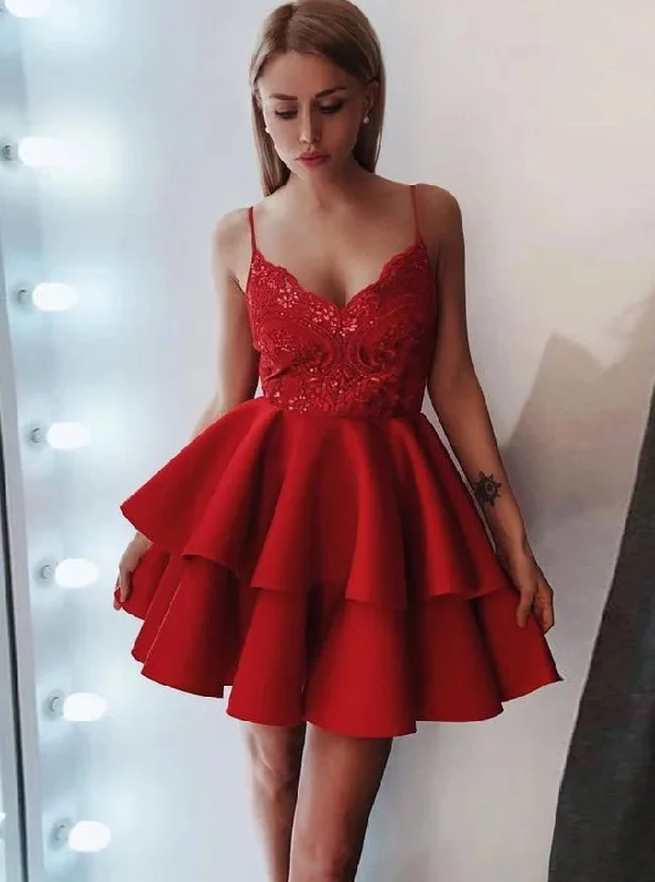 Women's Garments Spaghetti Strap Lace Short Red Homecoming Dress With Satin Ruffled OM506