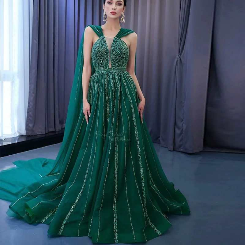 Women's Casual Attire Sparkly Green Tulle Wedding Dress Formal Pageant Dress with Long Cape