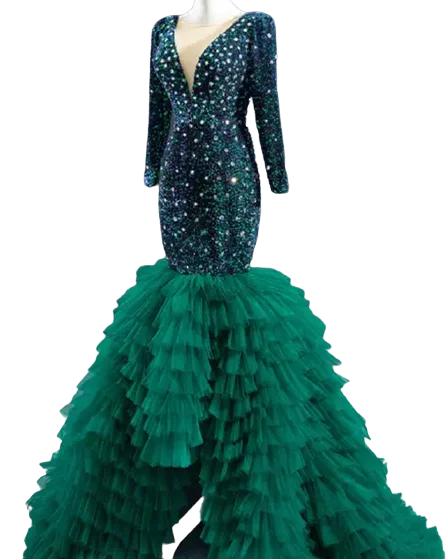 Women's Chic Outerwear Garments Women Custom Long sleeve green Mermaid evening dress