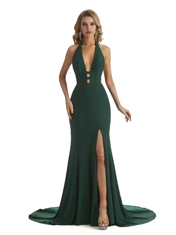 Women's Elegant Apparel Sexy Mermaid Halter V-Neck Side Slit Stretchy Jersey Long Formal Wedding Guest Dresses