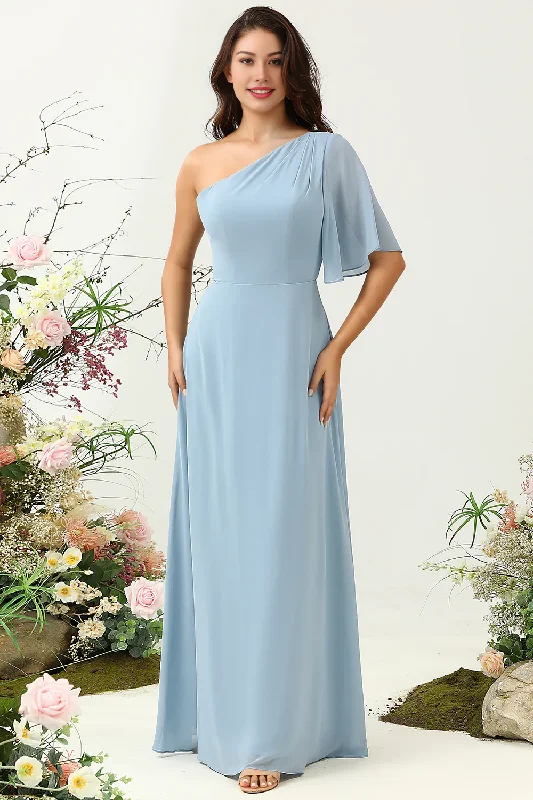 Women's Travel Attire One Shoulder Chiffon Boho Bridesmaid Dress