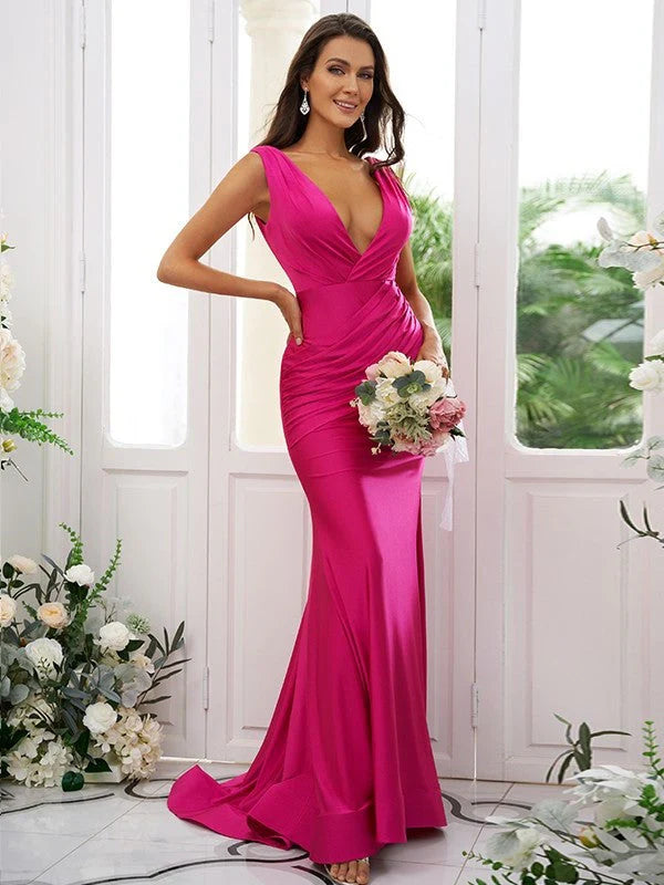 Women's Office Attire Bridesmaid Dresses Sexy Mermaid V Neck Backless Ruched