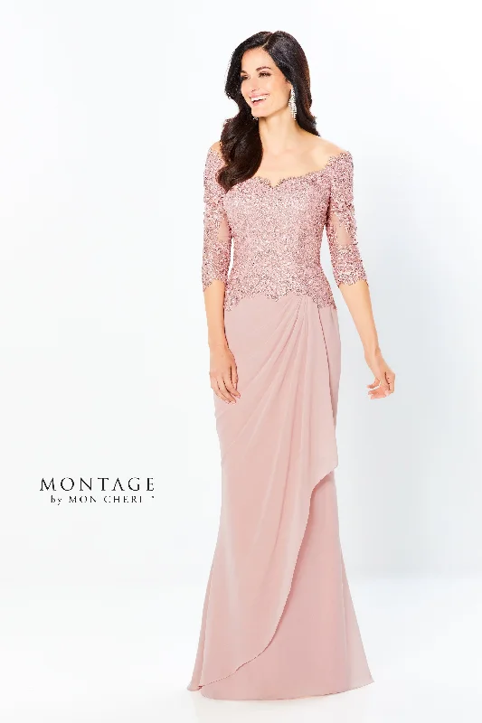 Women's Date Night Outfit Montage 220942 Off The Shoulder Lace Chiffon Gown With 3/4 Sleeve